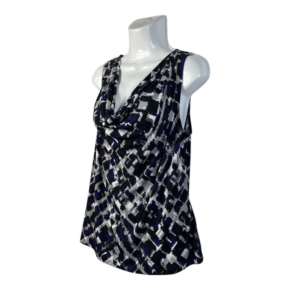 Calvin Klein Cowl Neck Top Women XL Purple Black Sleeveless Shell Stretch Blouse